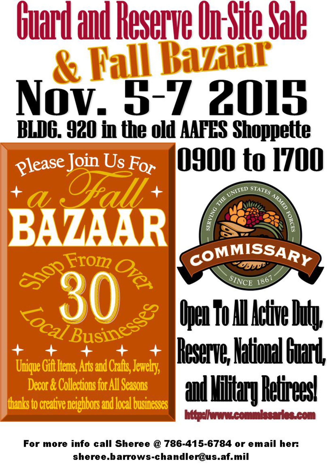 Homestead Air Reserve Base will once again host a Defense Commissary Agency Guard and Reserve On-Site Sale and Fall Bazaar Nov. 5-7. Located across the street from the base in the old AAFES facility formerly known as the Shoppette, the sale will open from 9 a.m. to 5 p.m. each day. (Courtesy graphic)