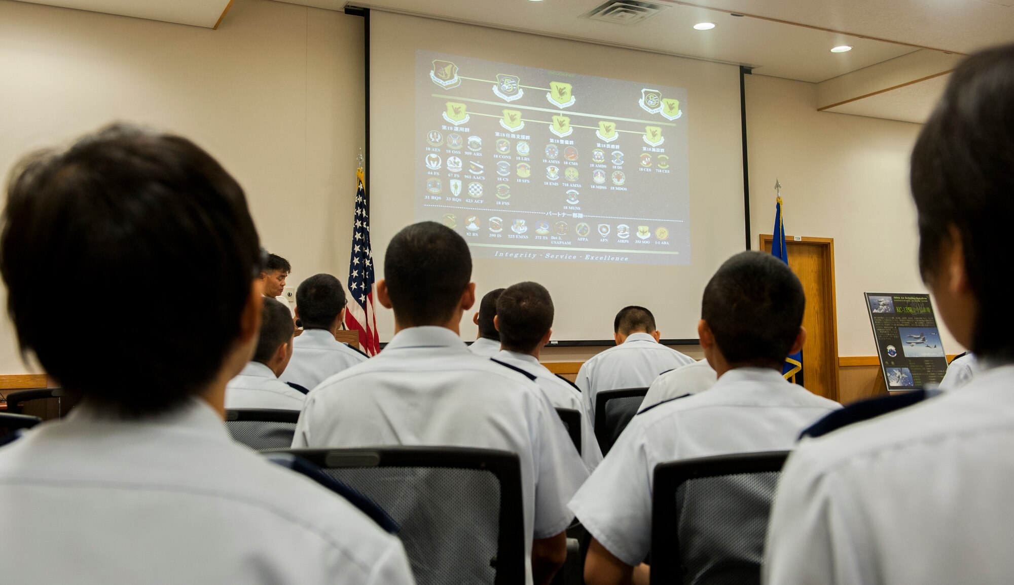 Members of the Japan Air Self-Defense Force learn about the history and structure of the 18th Wing during a tour of the 909th Air Refueling Squadron Oct. 29, 2015, at Kadena Air Base, Japan. Visits like this help promote bilateral ties between the two forces.  (U.S. Air Force photo by Airman 1st Class Corey M. Pettis)