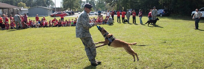 Senior Airman Jonathan Calo, 628th Security Forces Squadron military working dog handler, gives his dog Ttilly  a treat after she did a good job showing her listening skills at Marrington Elementary School on Joint Base Charleston –Weapons Station, S.C., on Oct. 29, 2015. The 628th SFS traveled to MES to raise awareness of the danger of drugs during this year’s Red Ribbon Week. (U.S. Air Force photo/Airman 1st Class Thomas Charlton)