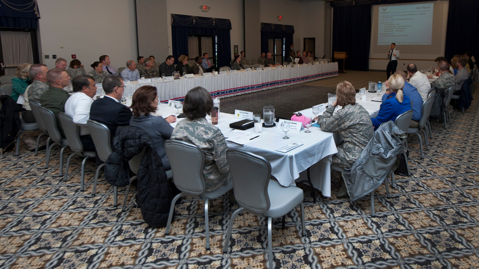 Team Dover and local community leaders attend a P4 initiative meeting Oct. 28, 2015, at Dover Air Force Base, Del. This was the third Public-Public; Public-Private Partnership meeting to be held this year at Dover AFB. (U.S. Air Force photo/Senior Airman Zachary Cacicia)