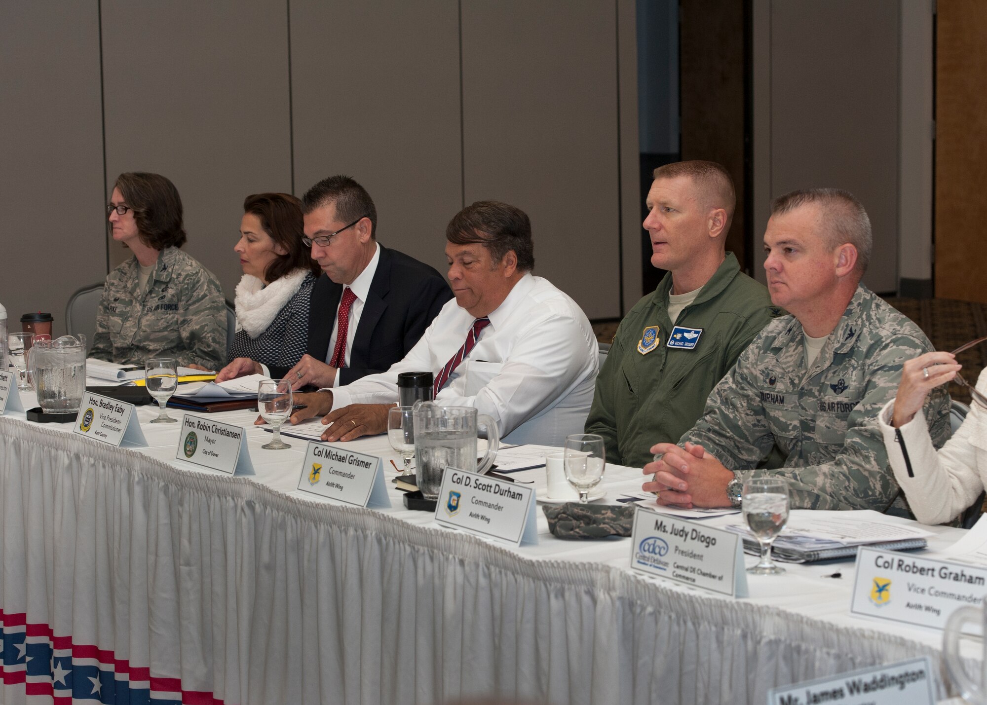 Team Dover and local community leaders attend a Team Dover P4 initiative meeting Oct. 28, 2015, at Dover Air Force Base, Del. The Public-Public; Public-Private Partnership initiative brings together military leaders and their civilian off-base counterparts. (U.S. Air Force photo/Senior Airman Zachary Cacicia)