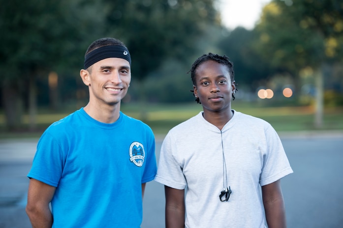 First Lt. John Montes, 437th Aerial Port Squadron section commander, and Airman 1st Class Tanya McKenzie, 628th Medical Group public health technician, stand together as the fastest man and woman for the Halloween 5K at Joint Base Charleston – Air Base, S.C., on Oct. 30, 2015. Montes had a run time of 16:24 run time and McKenzie’s completion time was 24:06. (U.S. Air Force photo/Airman 1st Class Thomas Charlton)