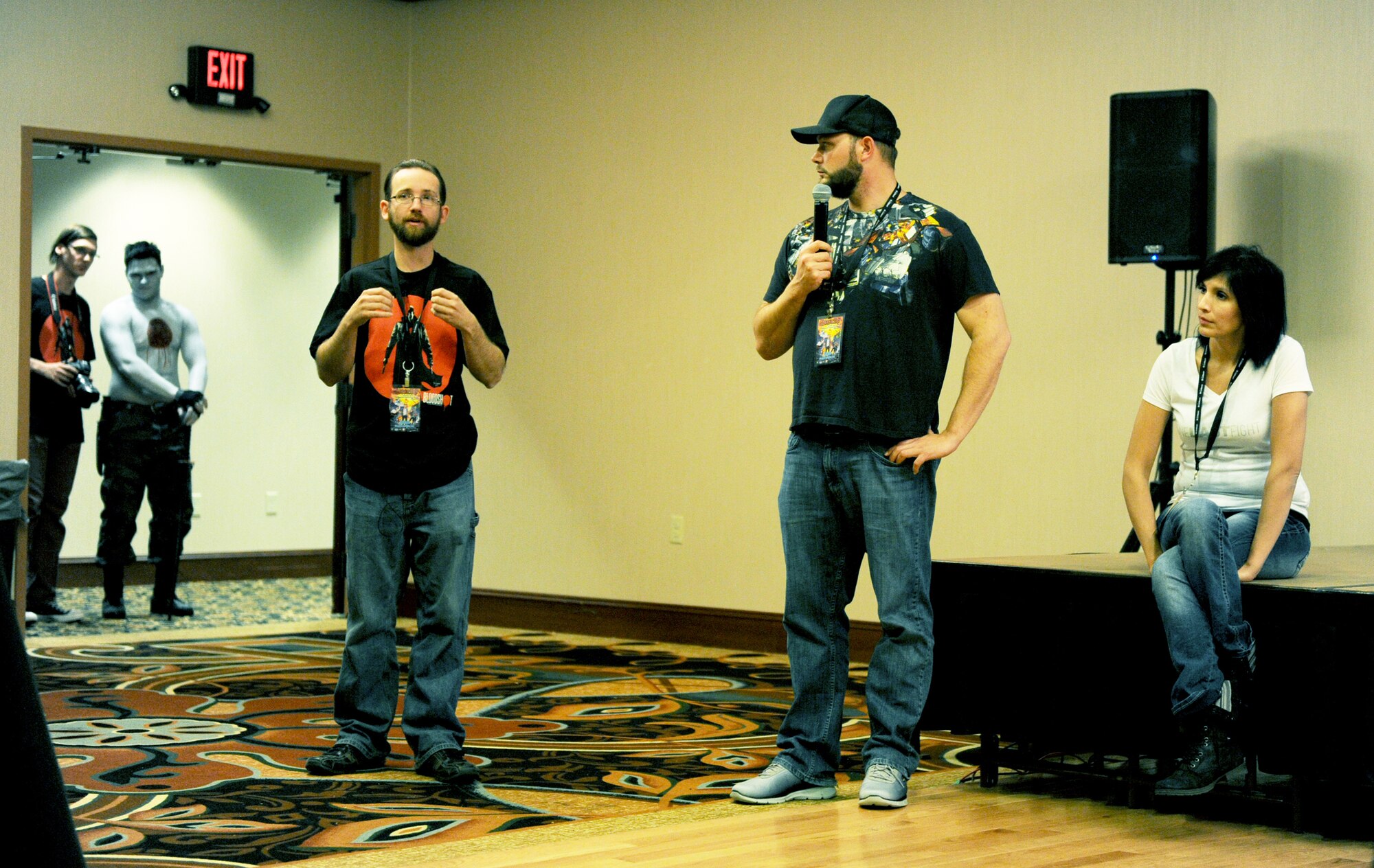Members from Might Could Do production company answer questions in a panel at iMagicon at Minot, N.D. Oct. 30, 2015. iMagicon is a comic book convention that showcases local filmmakers, local businesses and promotes anything pop culture, with several Airmen from Minot Air Force Base volunteering during the two day event. (U.S. Air Force photo by Staff Sgt. Chad Trujillo)