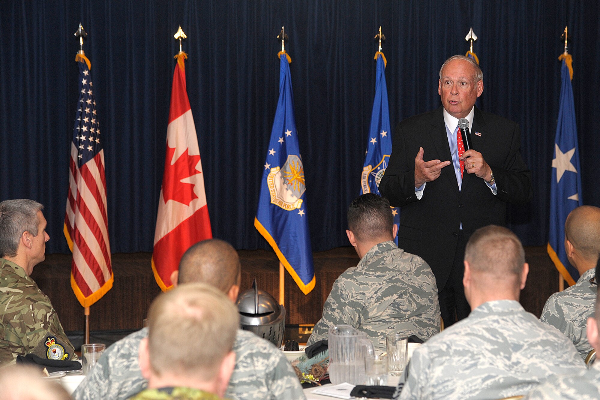 PETERSON AIR FORCE BASE, Colo. -- Retired General Lance W. Lord delivers his keynote speech at the 2014 General Lance W. Lord Awards for Superior Space Operational Leadership held Oct. 26, 2015 at the Peterson Club. The awards ceremony was to recognize members and units of the 21st Operations Group space community for going above and beyond in their fields. (U.S. Air Force photo by Duncan Wood)