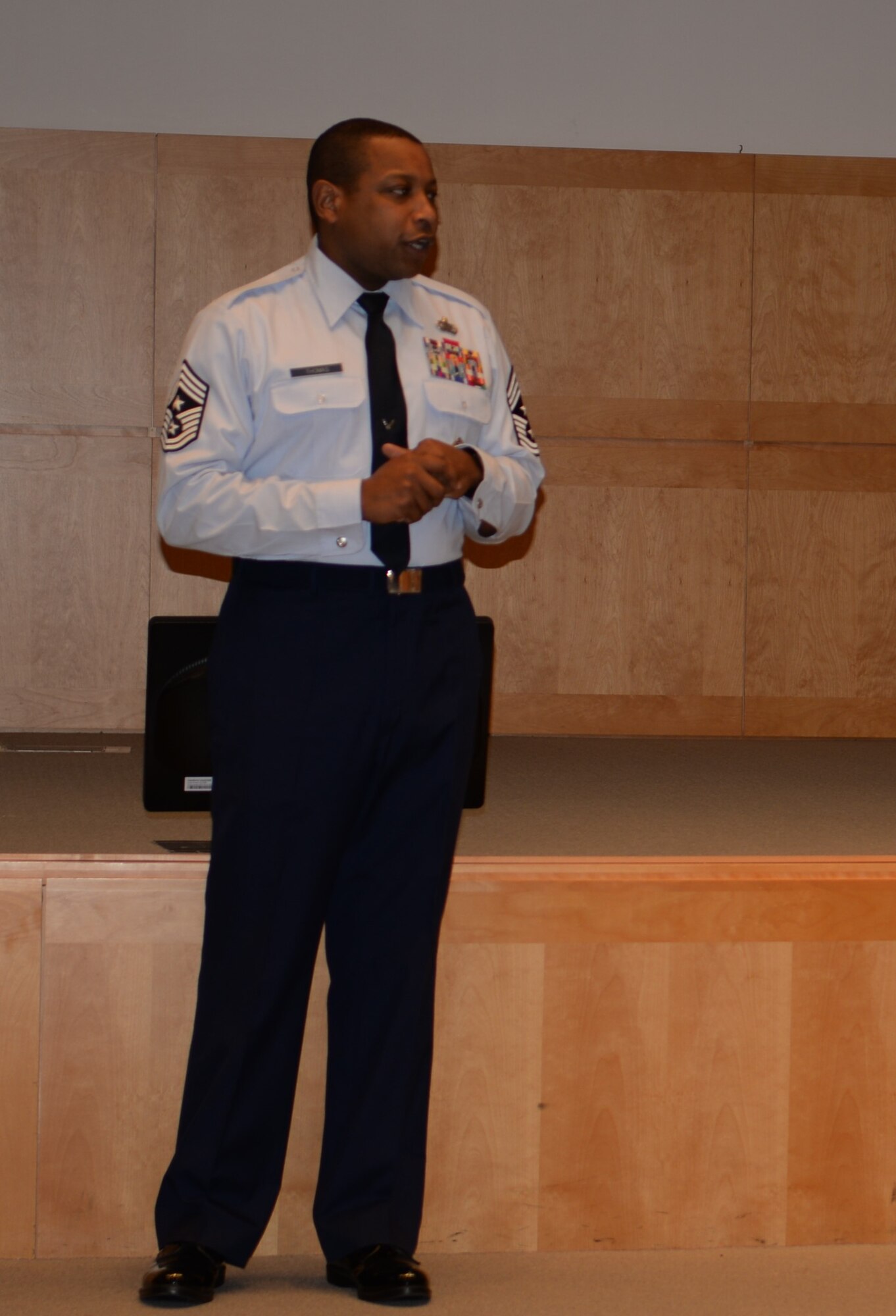 Air Force District of Washington Command Chief Master Sgt. Farrell Thomas offers opening remarks for the Joint Professional Development Seminar which began Nov. 2, 2015 at the National Defense University. The five-day course is designed to engage Noncommissioned and Petty Officers in deliberate development to equip them to lead through the challenges of the 21st century (U.S. Air Force photo/1Lt. Esther Willett)