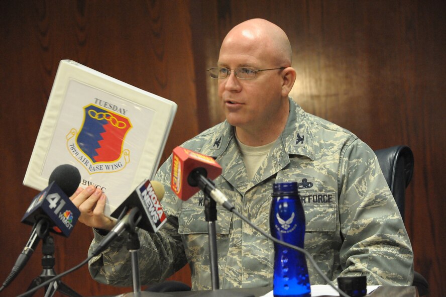Col Jeffrey King, Robins Installation and 78th Air Base Wing commander, meets with members of the local media to discuss his first 100 days of command. For more in-depth coverage, see this Friday's Robins Rev-Up, on stands Nov. 6. (U.S. Air Force photo by Ray Crayton) 
