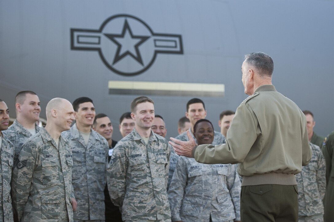 U.S. Marine Corps Gen. Joseph F. Dunford Jr., chairman of the Joint Chiefs of Staff, has a meet and greet with airmen assigned to the 374th Airlift Wing on the flightline of Yokota Air Base, Japan, Nov. 4, 2015. DoD photo by U.S. Navy Petty Officer 2nd Class Dominique A. Pineiro