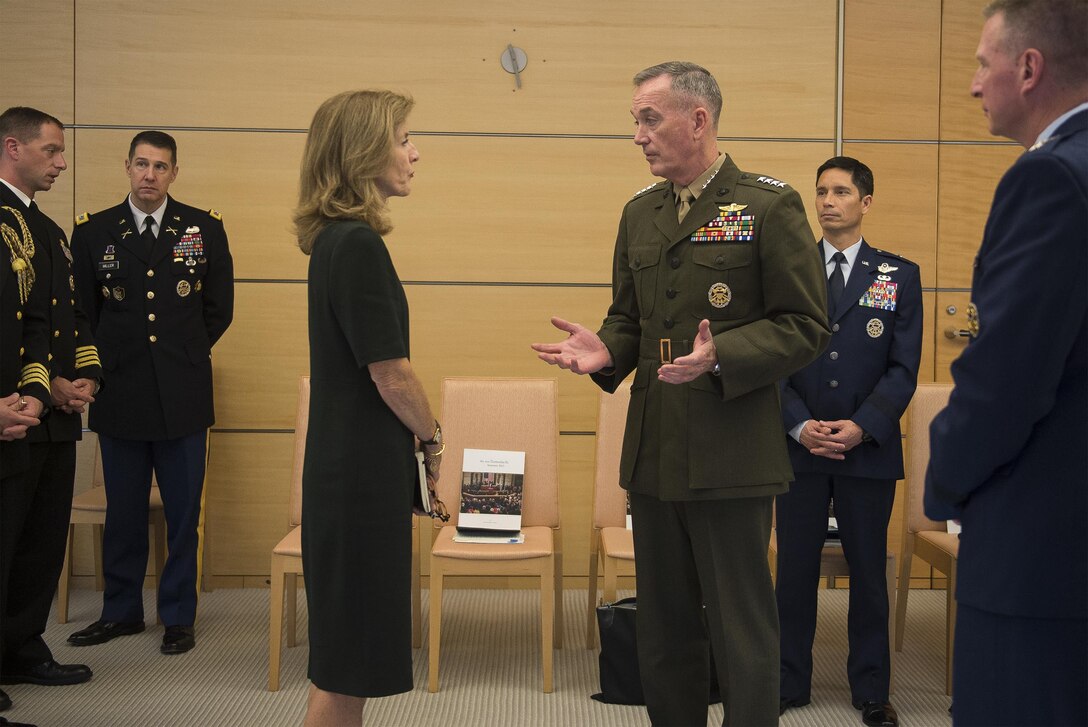 U.S. Marine Corps Gen. Joseph F. Dunford Jr., chairman of the Joint Chiefs of Staff, meets with Caroline Kennedy, the U.S. ambassador to Japan, before meeting Japanese Prime Minister Shinzo Abe in Tokyo, Nov. 4, 2015. DoD photo by U.S. Navy Petty Officer 2nd Class Dominique A. Pineiro