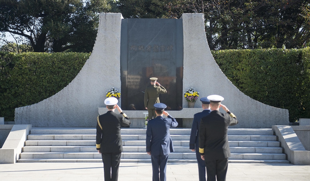 U.S. Marine Corps Gen. Joseph F. Dunford Jr., chairman of the Joint Chiefs of Staff, participates in a wreath-laying ceremony at the Japan Ministry of Defense in Tokyo, Nov. 4, 2015. DoD photo by U.S. Navy Petty Officer 2nd Class Dominique A. Pineiro