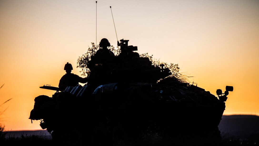 A Light Armored Vehicle attached to 4th LAV Battalion, 4th Marine Division, sits on the horizon during exercise Trident Juncture 2015 in Almería, Spain, Oct. 30, 2015. The exercise provided an opportunity for Reserve Marines to gain experience within their military occupational specialty and demonstrates their readiness in conjunction with other foreign nationals.