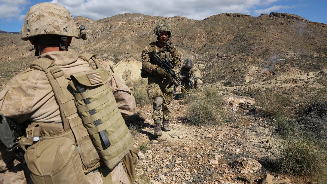 Spain- Marines with 4th Light Armored Reconnaissance Battalion, 4th Marine Division, conduct field operations against the British Royal Marines during Trident Juncture 2015 at Alvarez de Sotomayor in Almería, Spain, Oct. 31, 2015. Though the British Royal Marines served as the opposing force during the exercise, it allows both sides to learn about each other’s tactics, techniques and operating procedures.