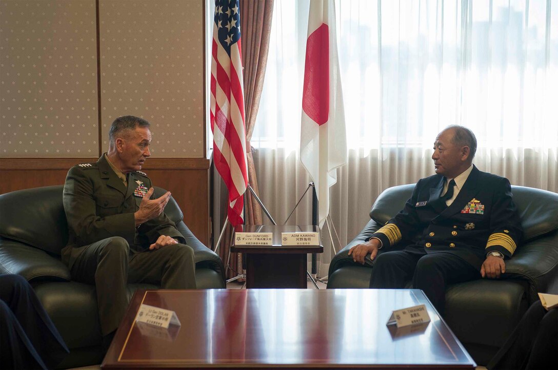 U.S. Marine Corps Gen. Joseph F. Dunford Jr., left, chairman of the Joint Chiefs of Staff, meets with Japan Maritime Self-Defense Force Adm. Katsutoshi Kawano, chairman of defense, at the Japan Ministry of Defense in Tokyo, Nov. 4, 2015. DoD photo by U.S. Navy Petty Officer 2nd Class Dominique A. Pineiro