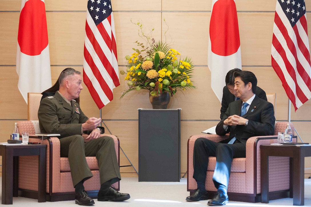 U.S. Marine Corps Gen. Joseph F. Dunford Jr., left, chairman of the Joint Chiefs of Staff, meets with Japanese Prime Minister Shinzo Abe at his official residence in Tokyo, Nov. 4, 2015. DoD photo by U.S. Navy Petty Officer 2nd Class Dominique A. Pineiro