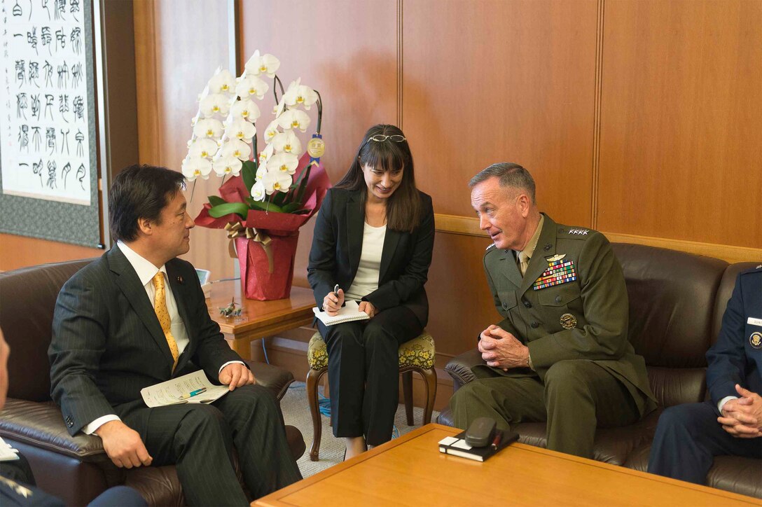 U.S. Marine Corps Gen. Joseph F. Dunford Jr., right, chairman of the Joint Chiefs of Staff, meets with Japanese State Defense Minister Kenji Wakamiya at the Japan Ministry of Defense in Tokyo, Nov. 4, 2015. DoD photo by U.S. Navy Petty Officer 2nd Class Dominique A. Pineiro