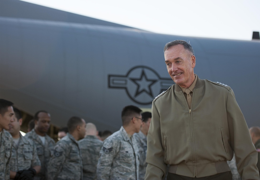 U.S. Marine Corps Gen. Joseph F. Dunford Jr., chairman of the Joint Chiefs of Staff, has a meet and greet with airmen assigned the 374th Airlift Wing on Yokota Air Base, Japan, Nov. 4, 2015. DoD photo by U.S. Navy Petty Officer 2nd Class Dominique A. Pineiro
