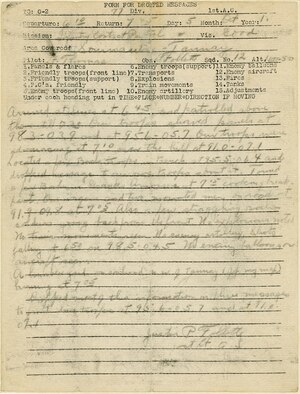 This standardized form for dropped messages was used by aircraft observers to quickly report enemy ground movement to friendly troops and waiting intelligence officers.  The hand-written report was dropped on Oct. 5, 1918, by pilot Lt. William C. Thomas and observer Lt. Justin P. Follette of the 12th Aero Squadron during a reconnaissance mission over the Front. (U.S. Air Force photo)