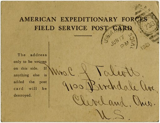 This concise, standardized postcard was developed by American commanders to improve morale and hasten the line of communication between troops at the Front and their nervous families waiting back home. Regular use of this card streamlined postal correspondence and gave hard-pressed censors a needed break in sanitizing leaked operational details from thousands of letters sent home daily. (U.S. Air Force photo)