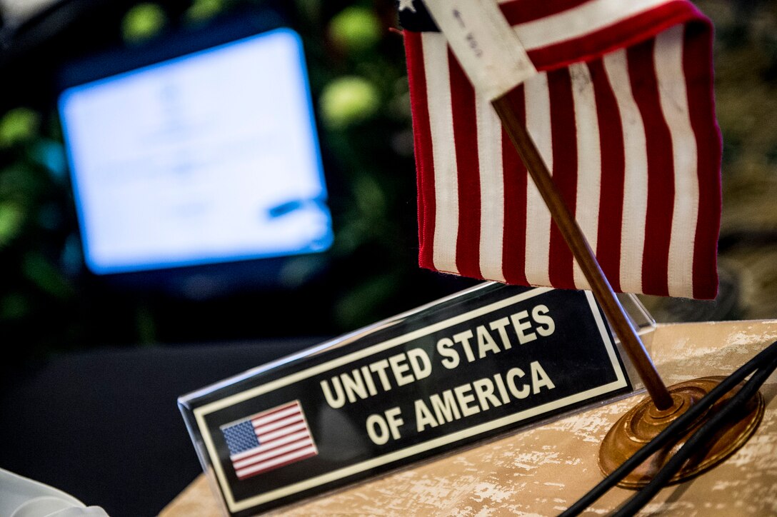 A country nameplate marks the seat for U.S. Defense Secretary Ash Carter at the plenary session of the Association of Southeast Asian Nations Defense Ministers’ Meeting – Plus in Kuala Lumpur, Malaysia, Nov. 4, 2015. DoD photo by U.S. Air Force Senior Master Sgt. Adrian Cadiz