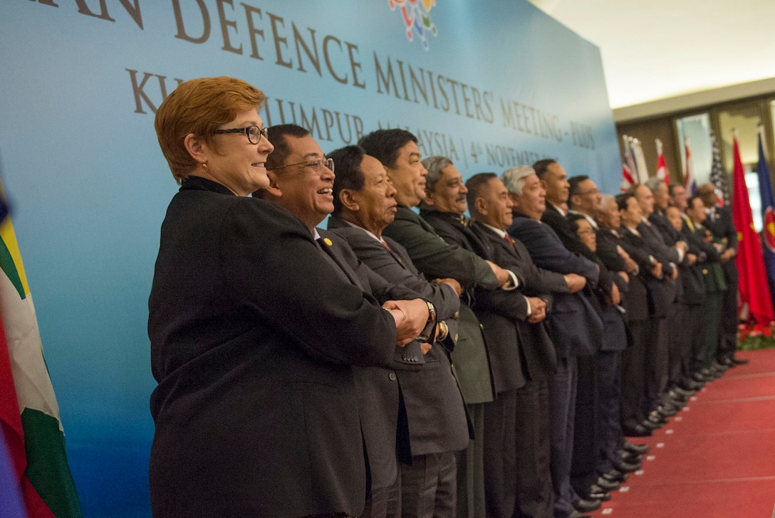 Defense leaders pose for a group photo during the Association of Southeast Asian Nations Defense Ministers’ Meeting – Plus in Kuala Lumpur, Malaysia, Nov. 4, 2015. DoD photo by U.S. Air Force Senior Master Sgt. Adrian Cadiz