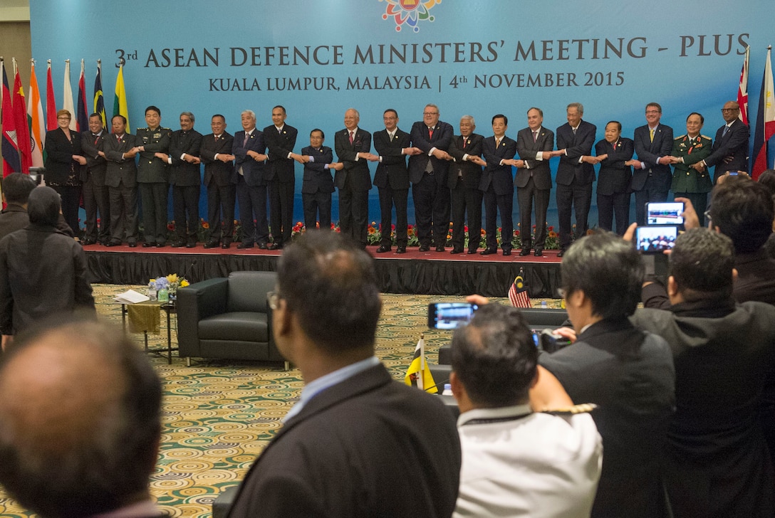 Defense leaders pose for a group photo during the Association of Southeast Asian Nations Defense Ministers’ Meeting – Plus in Kuala Lumpur, Malaysia, Nov. 4, 2015. DoD photo by U.S. Air Force Senior Master Sgt. Adrian Cadiz