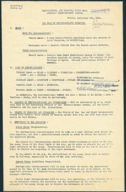 This battle plan, drafted by Col. William Mitchell, outlined the role of reconnaissance aviation in the planning and execution for the St. Mihiel Offensive. The plan identified the observation squadrons selected to participate in the offensive and established the boundaries of the operational zone. The reconnaissance plan was to be executed in three phases. (U.S. Air Force photo)