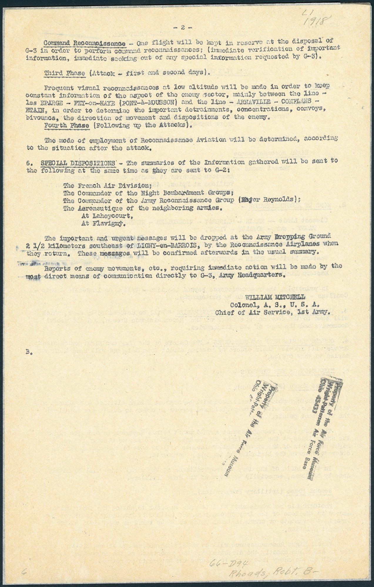 This battle plan, drafted by Col. William Mitchell, outlined the role of reconnaissance aviation in the planning and execution for the St. Mihiel Offensive. The plan identified the observation squadrons selected to participate in the offensive and established the boundaries of the operational zone. The reconnaissance plan was to be executed in three phases. (U.S. Air Force photo)