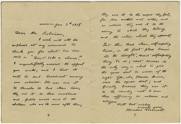 This educational pamphlet was written by Charles L. Robinson and published in 1918 by the YMCA and American Defense Society. It cautions American soldiers of the health risks posed by venereal disease and encourages the troops to be true to their wives and sweethearts back home. The pamphlet was widely distributed to American soldiers serving in France during World War I. (U.S. Air Force photo)