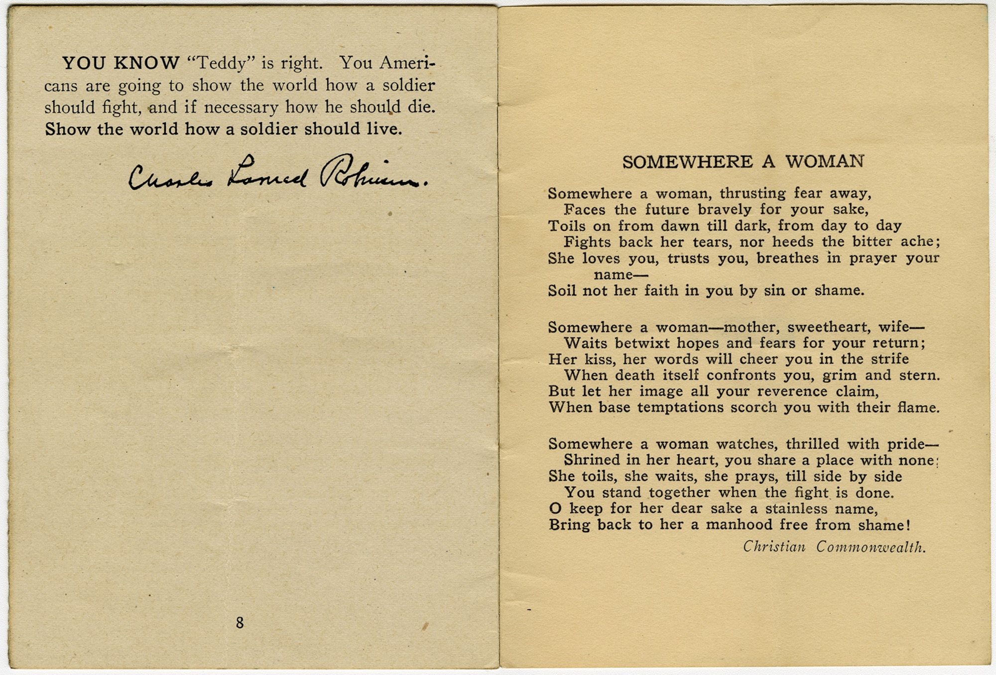 This educational pamphlet was written by Charles L. Robinson and published in 1918 by the YMCA and American Defense Society. It cautions American soldiers of the health risks posed by venereal disease and encourages the troops to be true to their wives and sweethearts back home. The pamphlet was widely distributed to American soldiers serving in France during World War I. (U.S. Air Force photo)