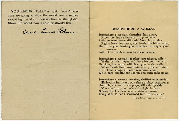 This educational pamphlet was written by Charles L. Robinson and published in 1918 by the YMCA and American Defense Society. It cautions American soldiers of the health risks posed by venereal disease and encourages the troops to be true to their wives and sweethearts back home. The pamphlet was widely distributed to American soldiers serving in France during World War I. (U.S. Air Force photo)