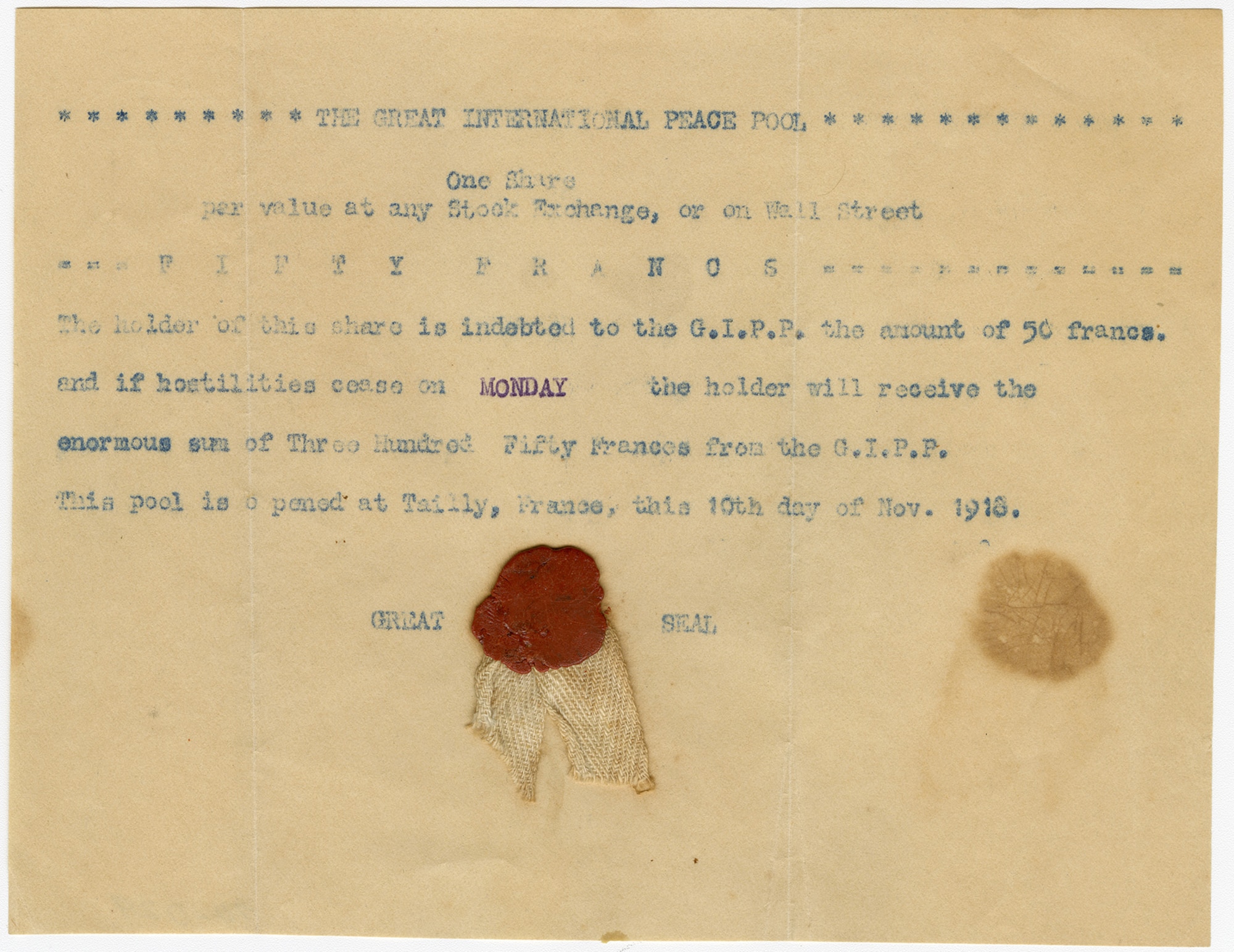 American servicemen, anticipating a coming Armistice, formed the tongue-in-check “Great International Peace Pool” on Sunday, Nov. 10, 1918. The short-lived lottery sold shares at a price of 50 francs to the lucky soldier who could correctly predict the date when the war would end. (U.S. Air Force photo)