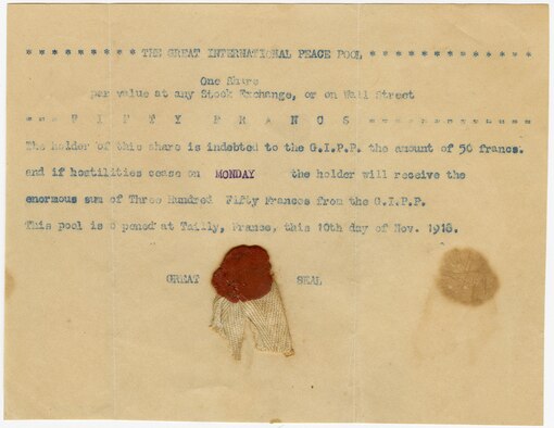 American servicemen, anticipating a coming Armistice, formed the tongue-in-check “Great International Peace Pool” on Sunday, Nov. 10, 1918. The short-lived lottery sold shares at a price of 50 francs to the lucky soldier who could correctly predict the date when the war would end. (U.S. Air Force photo)
