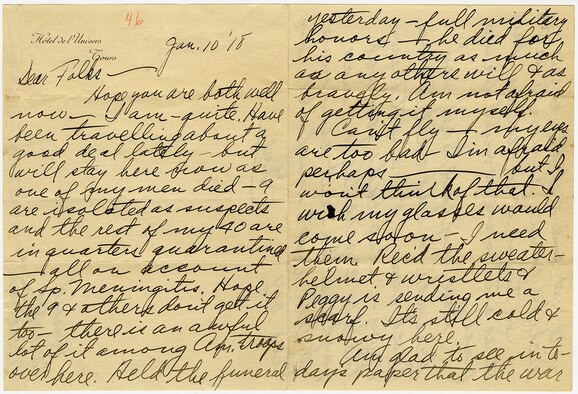 Lt. Eugene Scroggie’s poignant letter home illustrates the dangers faced by American soldiers in France and the lack of even simple necessities. Disease posed an ever-present threat to American troops even in areas of relative safety, far away from the Front. This letter brilliantly emphasizes that those men who succumbed to illness died as heroes, same as their comrades who died in combat. (U.S. Air Force photo)