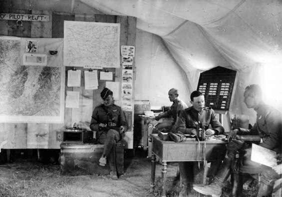 This image depicts the meager accommodations afforded the 147th Aero Squadron while serving in the Toul sector on the Western Front. This tent was home to the squadron’s Operations Office in May-June 1918. At the time, the pilots of the 147th were fresh from training at Issoudun and had just received their first French-built Nieuport 28 airplanes. The squadron flew its first mission over the line on May 31, 1918. (U.S. Air Force photo)