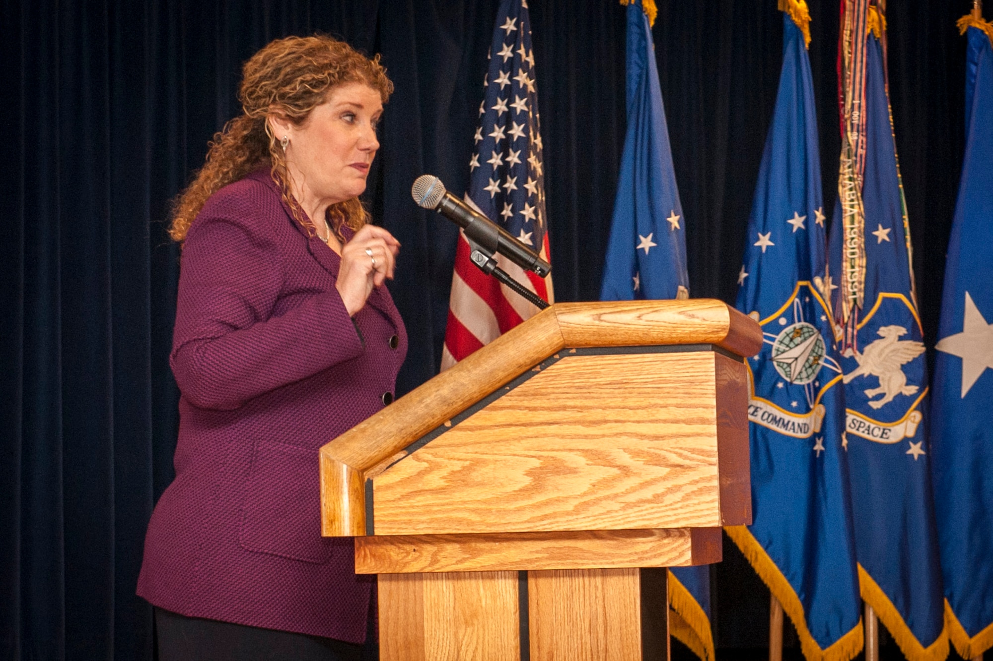 Retired Lt. Gen. Susan Helms speaks about her experiences as an officer in the Air Force during a women’s brunch Oct. 29, 2015. Helms spoke about issues women face as members of the military and gave tips on how to be successful. The event was also a great networking opportunity for the attendees. (U.S. Air Force photo/Senior Airman Rose Gudex)