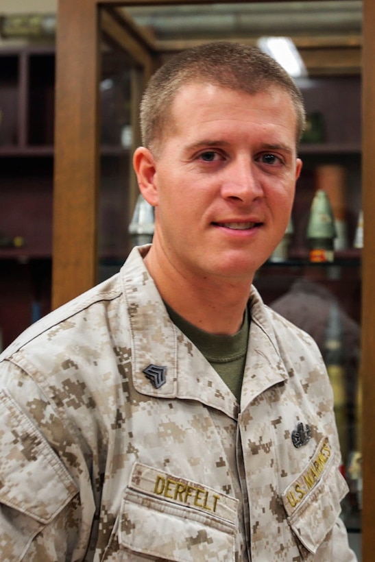 Sergeant Adam Derfelt, from Franklin, Mass., is an explosive ordinance disposal technician with 1st Explosive Ordnance Company, 7th Engineer Support Battalion, 1st Marine Logistics Group, I Marine Expeditionary Force, stationed aboard Marine Corps Base Camp Pendleton, Calif., Oct. 30, 2015. Derfelt was named the Noncommissioned Officer of the Quarter for 1st MLG in recognition of his leadership and dedication.