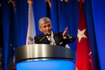 Secretary of the Army John McHugh gives remarks during the National Guard Joint Senior Leader Conference, Nov. 9, 2011, at the Gaylord National Hotel & Convention Center in Maryland.