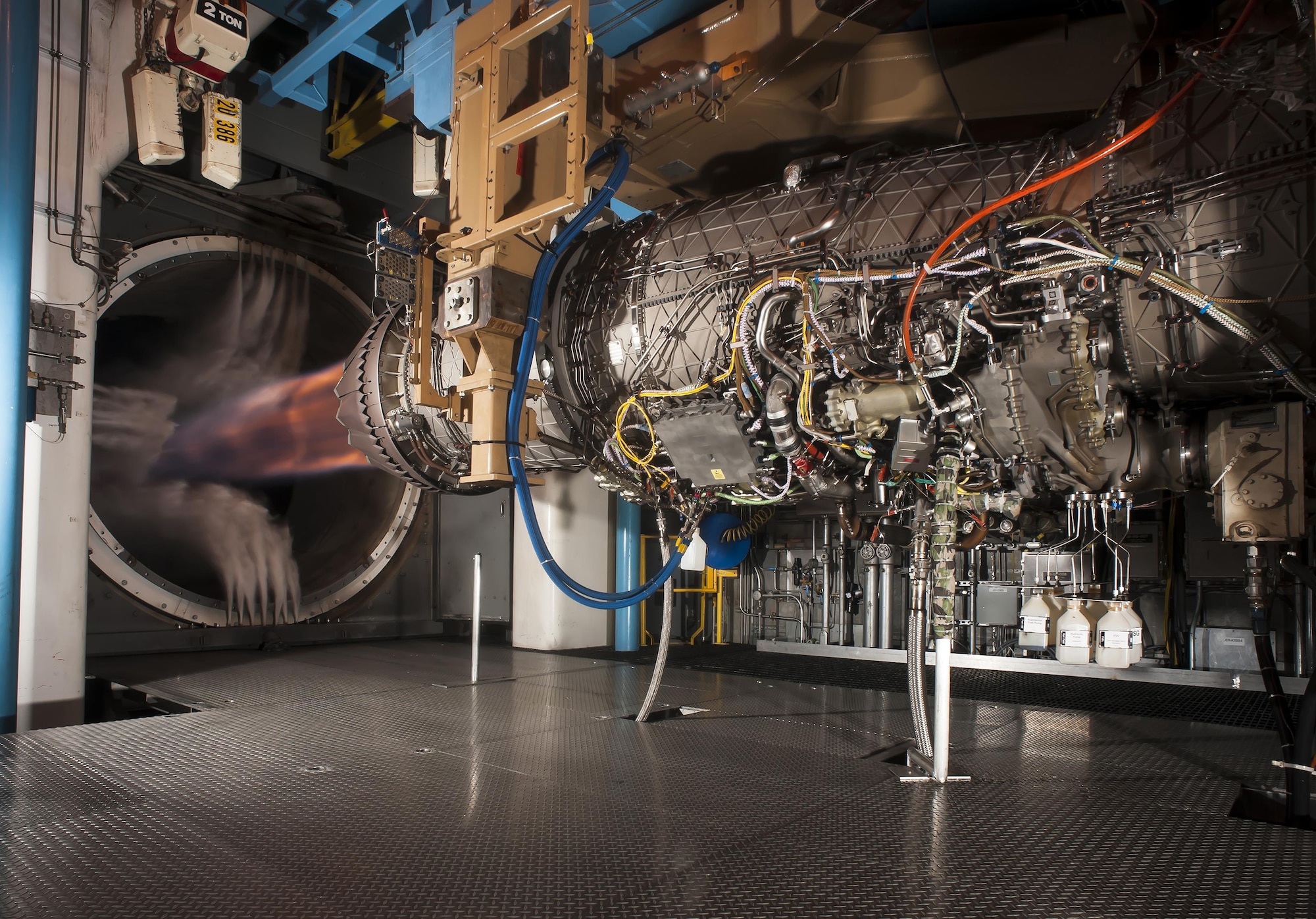 Pratt & Whitney’s F135 engine, used in the F-35 Lightning II, successfully demonstrated hot-life capability during accelerated mission testing at AEDC. Pictured here is the engine during testing in the Engine Test Facility’s sea level 2 test cell. (Courtesy photo/Rick Goodfriend)
