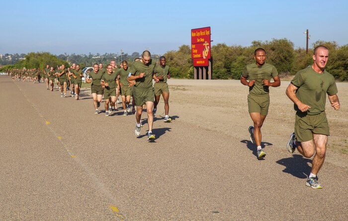 Recruits of India Company, 3rd Recruit Training Battalion, conduct a three-mile run during a final physical fitness test at Marine Corps Recruit Depot San Diego, Oct. 22. To prepare for the event, recruits spent 10 weeks conducting constant physical training for the final test. Today, all males recruited from west of the Mississippi are trained at MCRD San Diego. The depot is responsible for training more than 16,000 recruits annually. India Company graduates Nov. 6.