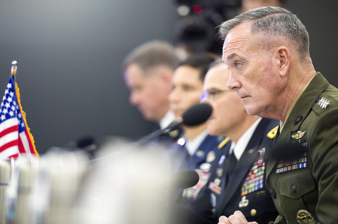 U.S. Marine Corps Gen. Joseph F. Dunford Jr., chairman of the Joint Chiefs of Staff, listens to remarks by his South Korean counterpart Army Gen. Lee Soon-Jin during a meeting at the South Korean Joint Chiefs of Staff Headquarters in Seoul, Nov. 1, 2015. DoD photo by U.S. Navy Petty Officer 2nd Class Dominique A. Pineiro