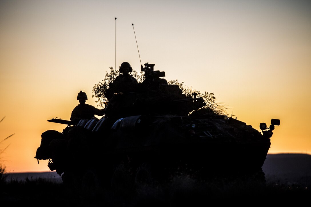 A Light Armored Vehicle attached to 4th LAV Battalion, 4th Marine Division, sits on the horizon during exercise Trident Juncture 2015 in Almería, Spain Oct. 30, 2015. The exercise provided an opportunity for Reserve Marines to gain experience within their military occupational specialty and demonstrates their readiness in conjunction with other foreign nationals. 