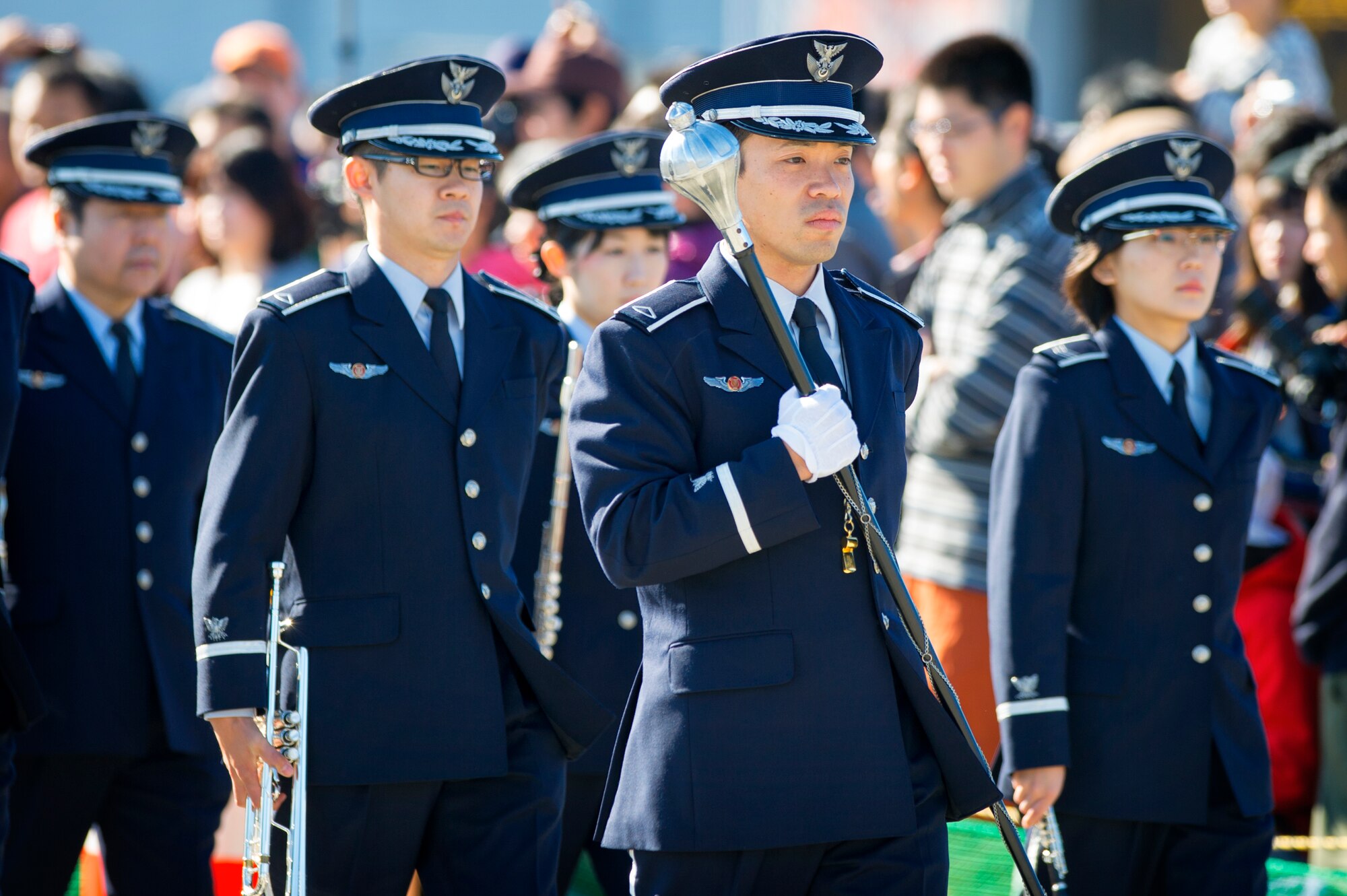 Japan Air Self-Defense Force band members march down the flightline at Iruma Air Base, Japan, Nov. 3, 2015. The band’s performance was one of many events featured during the annual Iruma Air Show. (U.S. Air Force photo by Airman 1st Class Delano Scott/Released)