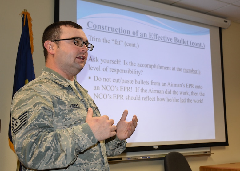 341st Missile Wing Tech. Sgt. Jared Lingle conducts a bullet writing seminar for members of the Montana Air National Guard at the 120th Airlift Wing on Oct. 22, 2015. (U.S. Air National Guard photo by Senior Master Sgt. Eric Peterson/Released)