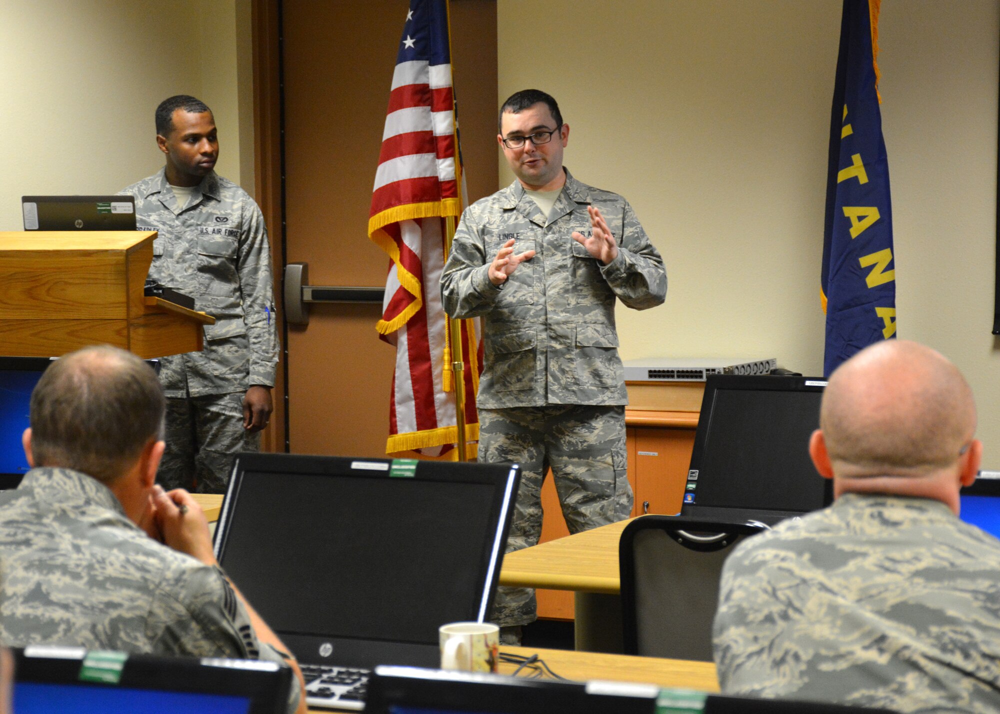 341st Missile Wing Staff Sgt. Rodney Bradley and Tech. Sgt. Jared Lingle conduct a bullet writing seminar for members of the Montana Air National Guard at the 120th Airlift Wing on Oct. 22, 2015. (U.S. Air National Guard photo by Senior Master Sgt. Eric Peterson/Released)