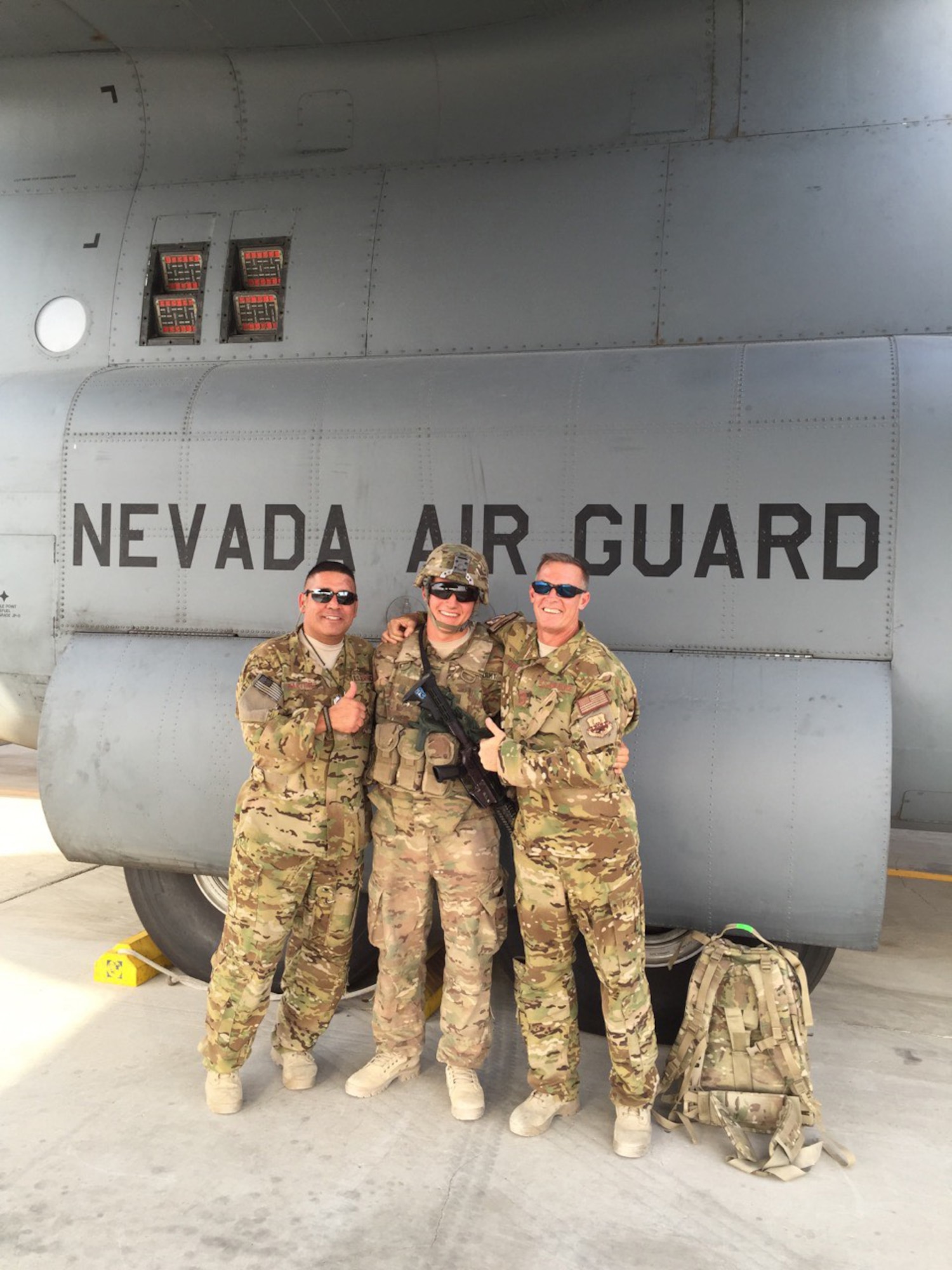 Nevada Air Guardsmen, Chief Master Sgts. Robert Martinez and Thomas Glover giving a proper “send-off” to Glover’s son, Army Pvt. Colter Glover, before his first deployment. Photo by Air Force Staff Sgt. Jerzy Horst, 152nd Medical Group, Nevada Air National Guard.