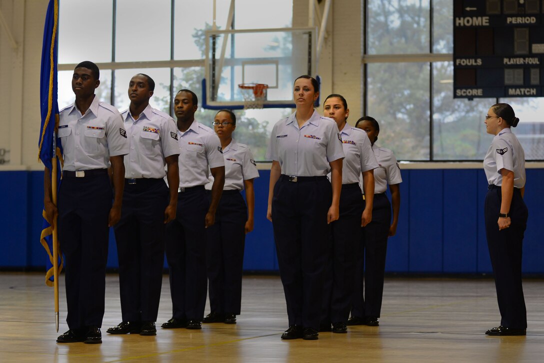 Langley Airmen Committed members to Excellence organization participate in a drill-off competition at Langley Air Force Base, Va., Oct. 28, 2015. During the competition, the drill teams were required to complete a 30-step sequence, which combined different basic marching styles. (U.S. Air Force photo by Senior Airman Kimberly Nagle/Released)