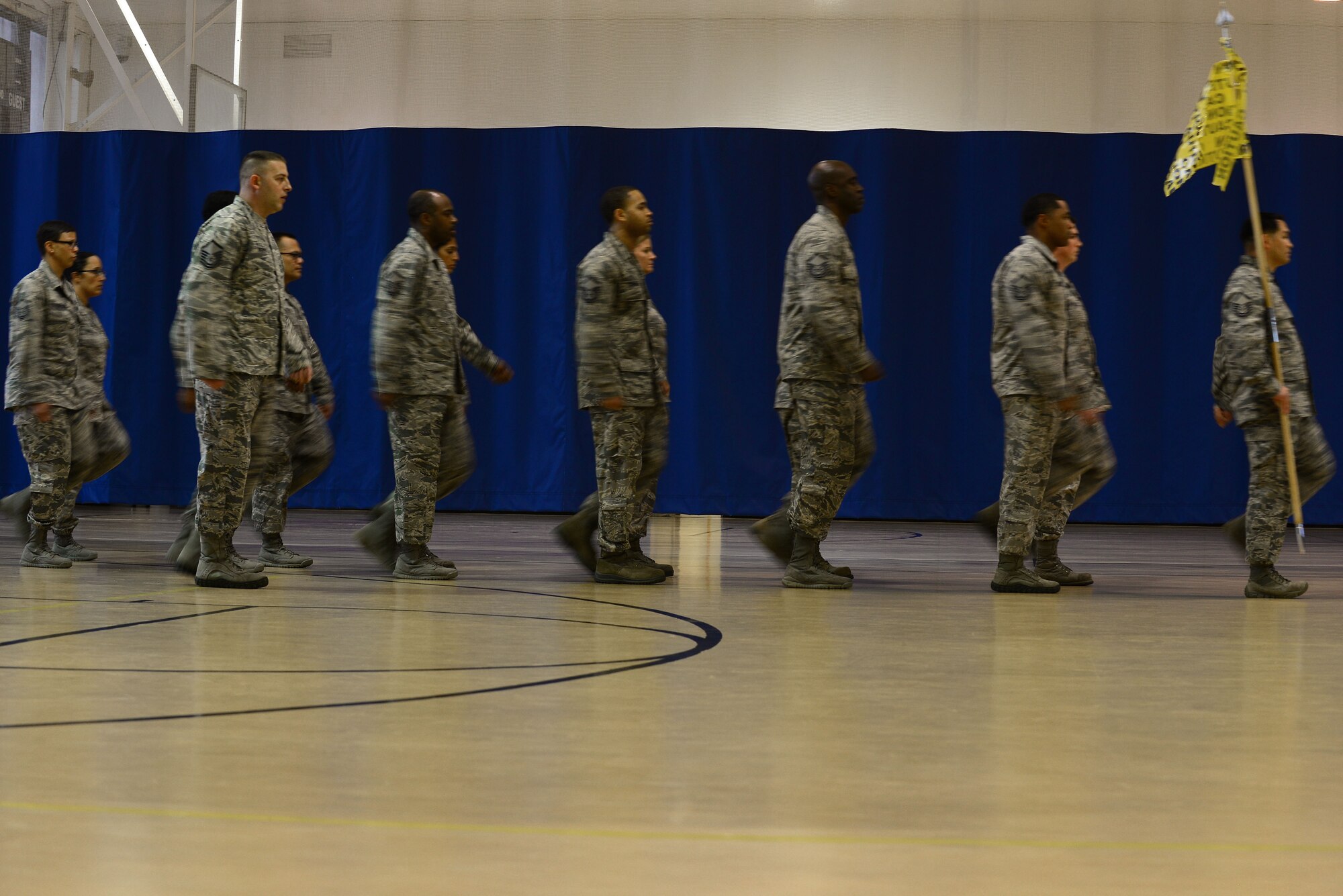 Langley Top Three organization members participate in a drill-off competition at Langley Air Force Base, Va., Oct. 28, 2015. In addition to completing a 30-step sequence, the competitors recited the Airmen’s Creed. (U.S. Air Force photo by Senior Airman Kimberly Nagle/Released)