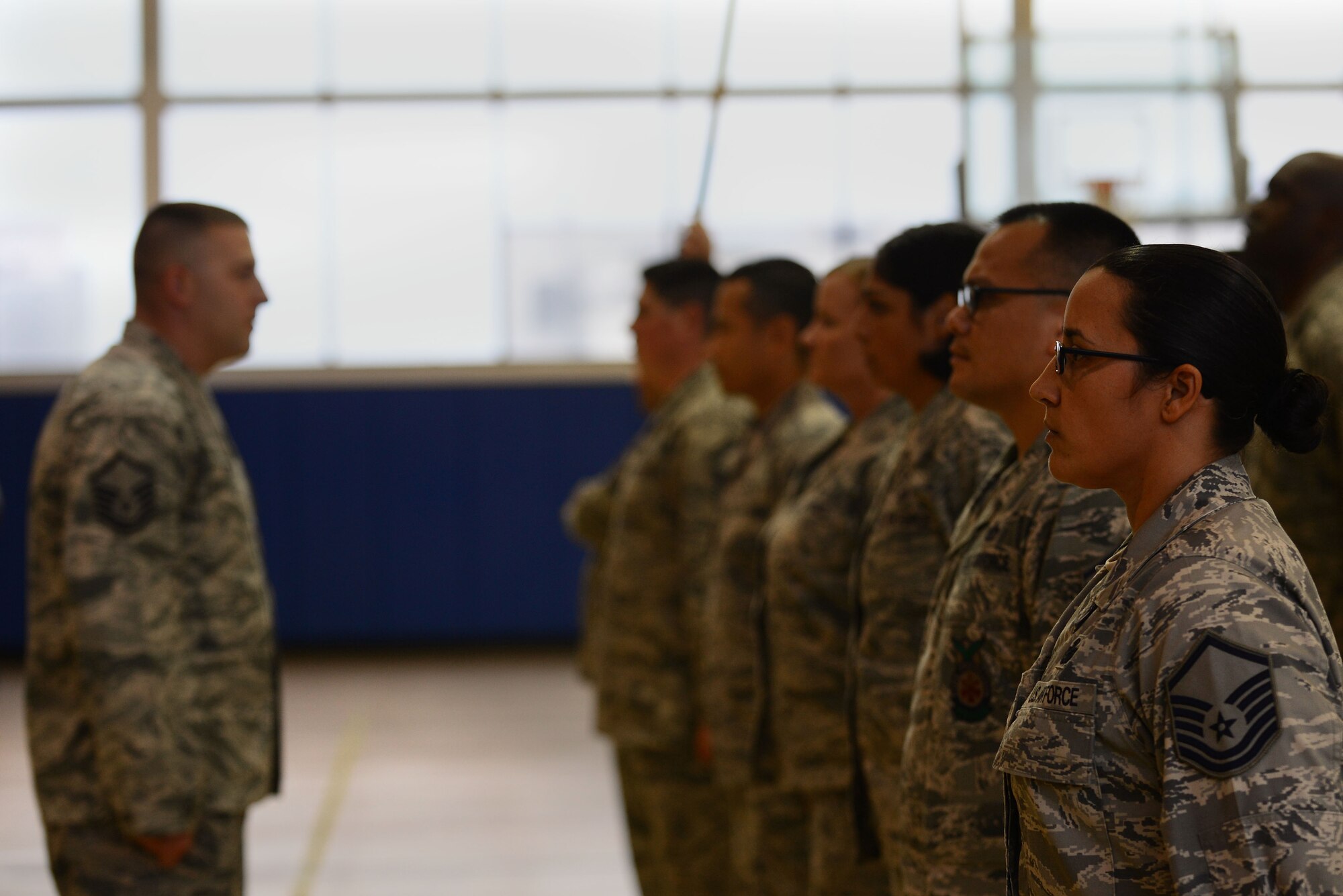 Langley Top Three organization members participate in a drill-off competition at Langley Air Force Base, Va., Oct. 28, 2015. In addition to completing a 30-step sequence, the competitors recited the Airmen’s Creed. (U.S. Air Force photo by Senior Airman Kimberly Nagle/Released)