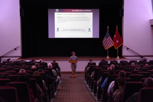 U.S. Army Maj. Gen. Camille M. Nichols, director, Department of Defense Sexual Assault Prevention and Response Office, provides an update on the DoD’s sexual assault program at Wylie Theater at Fort Eustis, Va., Oct. 30, 2015. During the update, Nichols stated that her discussion is not about sexual assault, but about our profession, imploring the gathered SHARP and SAPR professionals to help her change the profession for the better. “I don’t want to necessarily report another sexual assault, I want to get that person care. I want to shape the environment so that it doesn’t happen to someone else.” (U.S. Army photo by Rodney Speed)