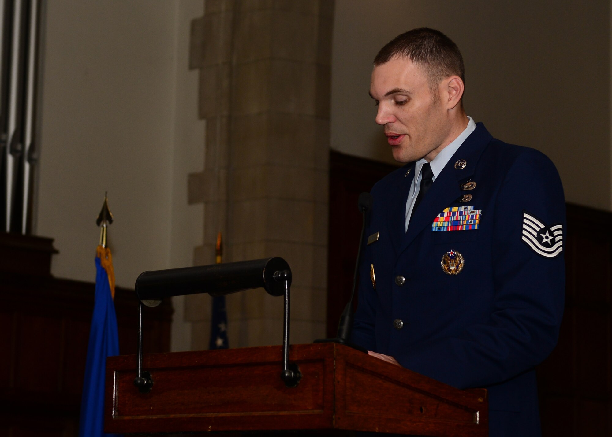 U.S. Air Force Tech. Sgt. David, 45th Intelligence Squadron, addresses an audience during a memorial service for Tech. Sgt. Jesse Schierloh at Langley Air Force Base, Va., Oct. 29, 2015. Schierloh was 33 years old when he died on Oct. 14, 2015. (U.S. Air Force photo by Airman 1st Class Derek Seifert/ Released)