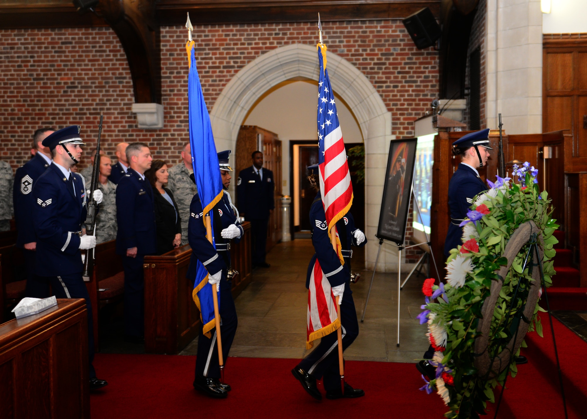 U.S. Air Force Langley Honor Guard posts the colors at a memorial service for Tech. Sgt. Jesse Schierloh at Langley Air Force Base, Va., Oct. 29, 2015. Schierloh was a member of the 27th Intelligence Squadron and died Oct. 14, 2015. (U.S. Air Force photo by Airman 1st Class Derek Seifert/ Released)